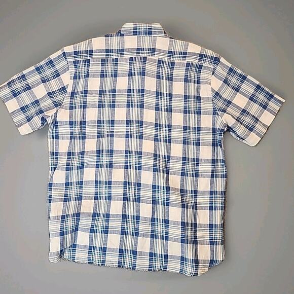Neiman Marcus Men XXL Short Sleeve Linen Button Shirt Blue White Check - Picture 2 of 8
